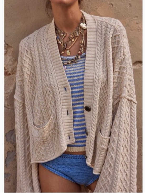 Free People Sweaters - Free People Washed Ashore Cardi Large Knit Tea Beige Cream Oatmeal sz xs